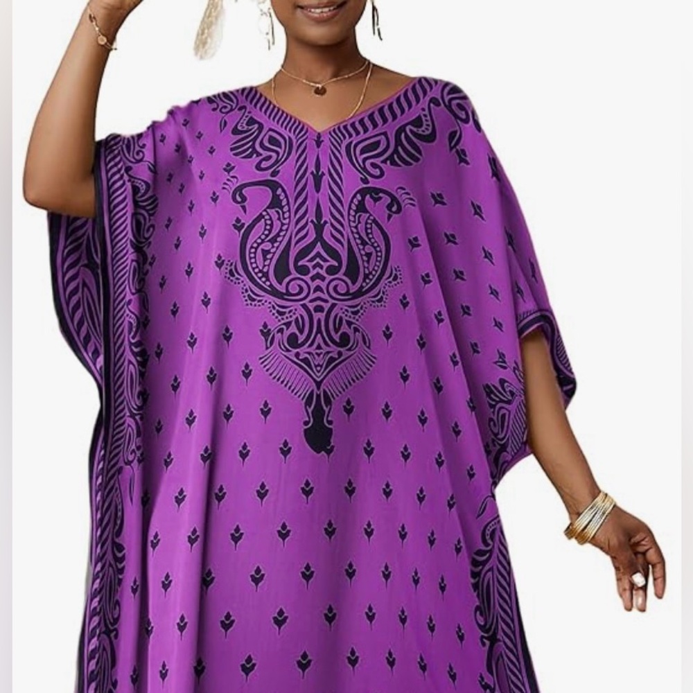 Resort Wear NWT Purple & Black Floral Maxi Caftan Dress Swim Cover Up | One Size